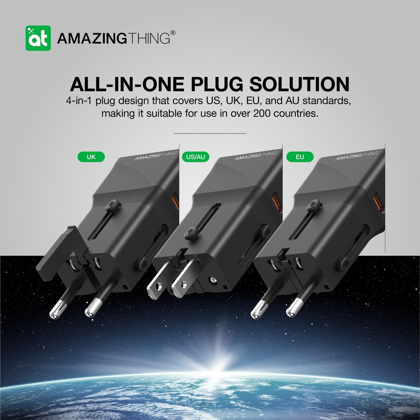 AMAZING THING WALL CHARGER ADAPTER EXPLORER PRO 4 IN 1 EP24004BK US/UK/EU/AU/JP/CN - USB + TYPE C - BLACK