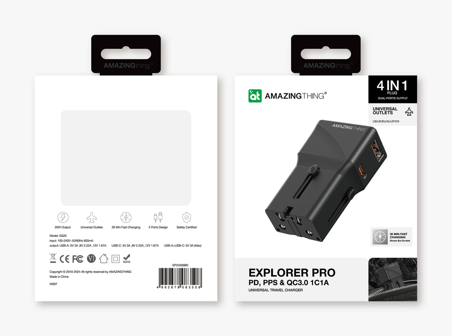 AMAZING THING WALL CHARGER ADAPTER EXPLORER PRO 4 IN 1 EP24004BK US/UK/EU/AU/JP/CN - USB + TYPE C - BLACK