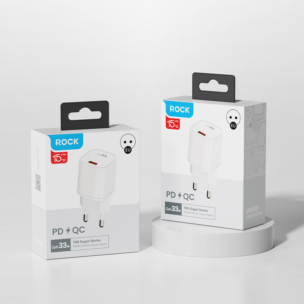 ROCK ŁADOWARKA SIECIOWA T88 SUGAR CUBE SERIES GAN - TYP C - QC 3.0 PD 33W 3A BIAŁA
