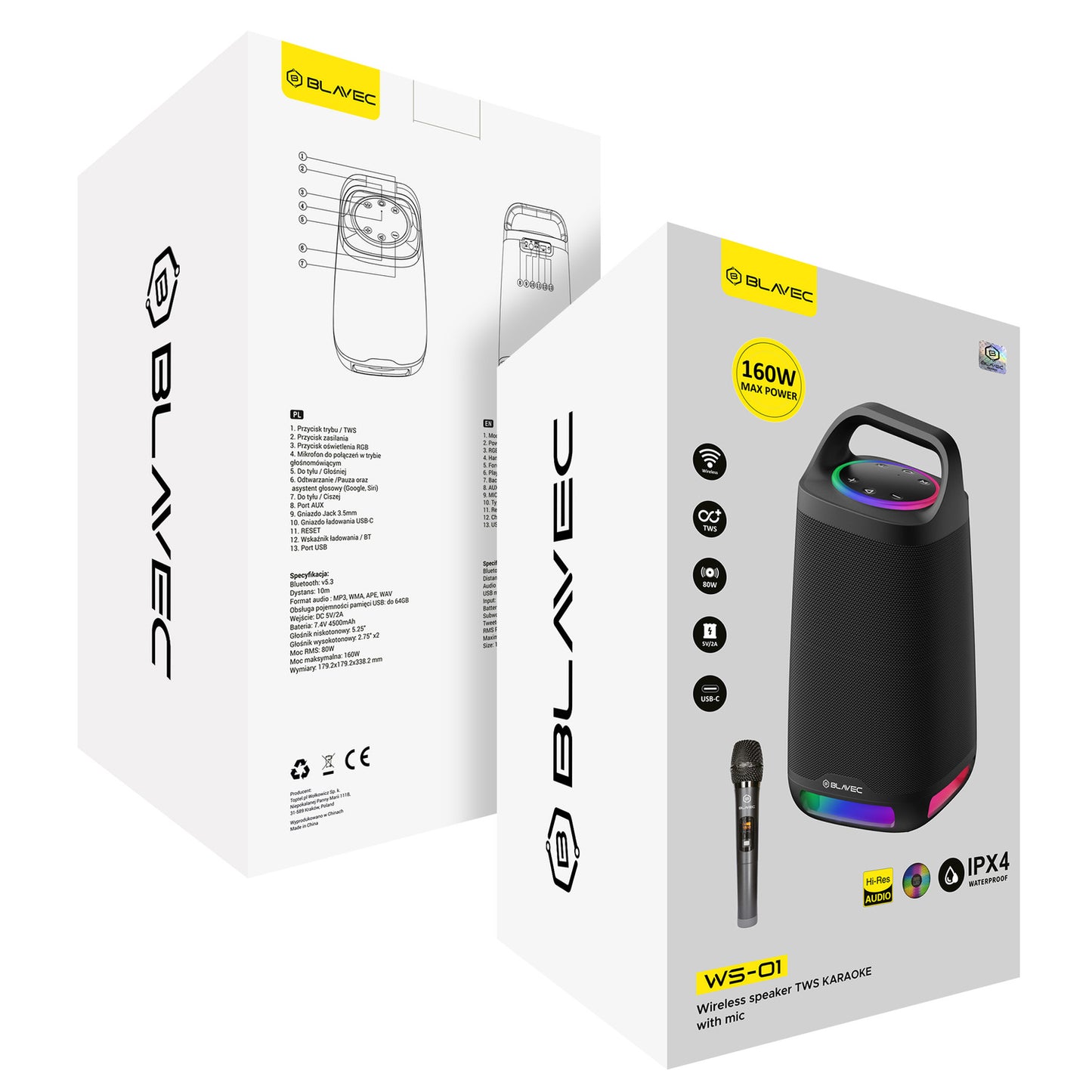BLAVEC GŁOŚNIK BEZPRZEWODOWY BLUETOOTH TWS WS-01 KARAOKE - 160W Z MIKROFONEM (WS01-MB) CZARNY