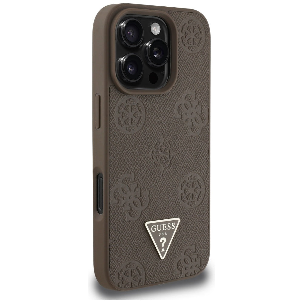 ORIGINAL CASE GUESS GRAINED HOT STAMP PEONY TRIANGLE LOGO MAGSAFE FOR IPHONE 16 PRO BROWN