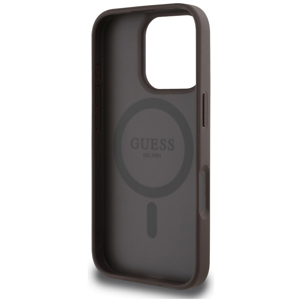 ORIGINAL CASE GUESS GRAINED HOT STAMP PEONY TRIANGLE LOGO MAGSAFE FOR IPHONE 16 PRO BROWN