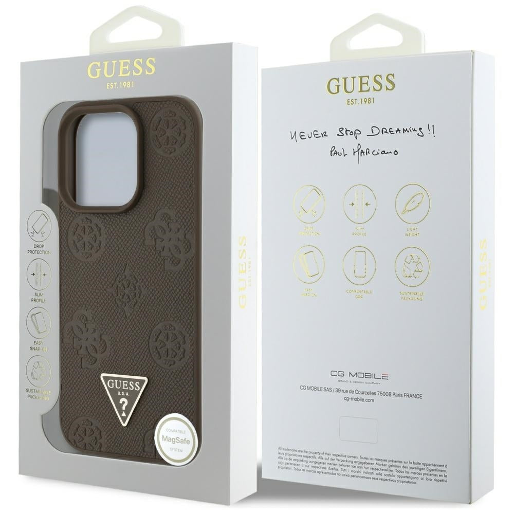 ORIGINAL CASE GUESS GRAINED HOT STAMP PEONY TRIANGLE LOGO MAGSAFE FOR IPHONE 16 PRO BROWN