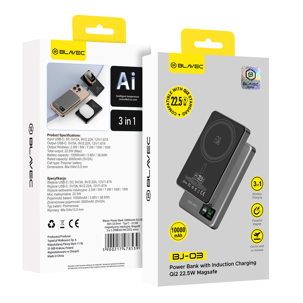 BLAVEC POWER BANK 10000MAH BJ-03 SLIM 13,5MM - TYPE C - 22,5W MAGNETIC MAGSAFE 3 IN 1 (PBBJ03-MC10G) GREY
