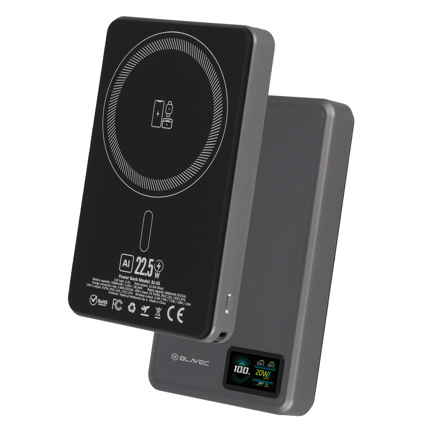 BLAVEC POWER BANK 10000MAH BJ-03 SLIM 13,5MM - TYPE C - 22,5W MAGNETIC MAGSAFE 3 IN 1 (PBBJ03-MC10G) GREY