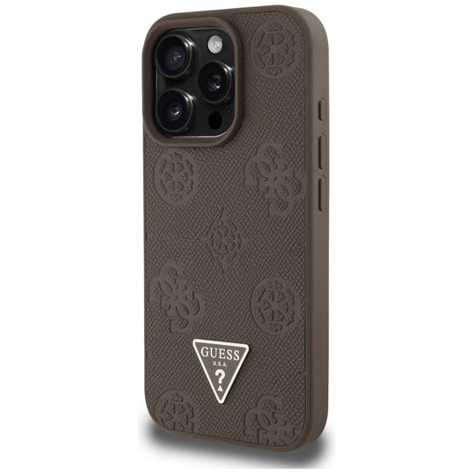 ORIGINAL CASE GUESS GRAINED HOT STAMP PEONY TRIANGLE LOGO MAGSAFE FOR IPHONE 16 PRO BROWN