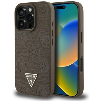 ORIGINAL CASE GUESS GRAINED HOT STAMP PEONY TRIANGLE LOGO MAGSAFE FOR IPHONE 16 PRO BROWN